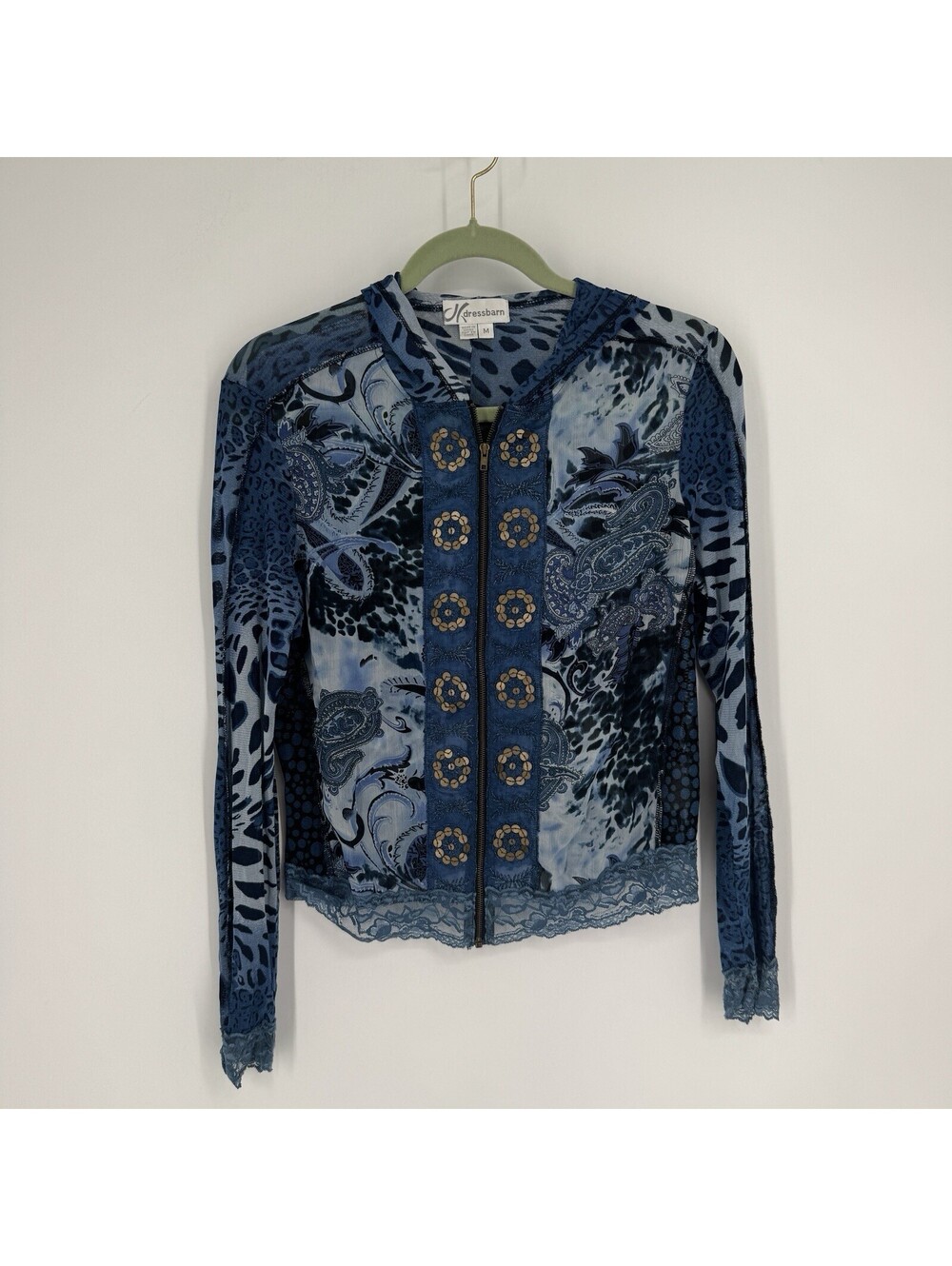 Vintage 90s y2k top medium M blue mesh jacket sheer zip hooded paisley leapord